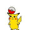 Yellow cartoon character with red cheeks and black-tipped ears stands on gray background, holding red-and-white Poké Ball on head, varying poses