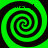 Four identical green and black spiral patterns arranged in a on a solid green background, each with pixelated text above or below