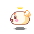 Pixel art angel icon with beige body, pink cheeks, brown eyes, and small wings in multiple poses including front-facing, side views, and back view.