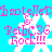 Pixelated icon with cyan background, pink text, and white star-like shapes, showing repeated text elements and partial text overlays.