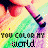 A 4x4 contact sheet of a repeating animated icon showing hands holding crayons over rainbow-colored backgrounds with text "YOU COLOR MY WORLD".