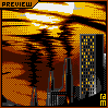 Pixel art cityscape at sunset with cracked buildings, orange and yellow sky, white clouds, and a 'PREVIEW' label in top-left corner.