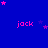 Blue background with pink text 'jack' repeated across the image, scattered pink and purple stars, gray rectangle in bottom-right corner.