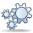 Pixelated icon featuring three interconnected gear-like shapes with light blue centers and dark blue outlines on a gray background.