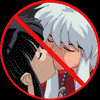 Pixelated anime-style icon of two characters kissing, overlaid with red prohibition symbol and text 'necrophilia isn't cool' on dark background.