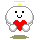 A 4-frame pixel art animation of a white cloud-like character with red heart, yellow antenna, and gray base holding a large red heart in two expressions: smiling eyes and closed eyes with blushing cheeks.