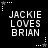 Black background with white pixelated text "JACKIE LOVES BRIAN" repeated six times in a , each instance bordered by small star and dot patterns