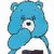 Four Care Bear characters in a : blue bear with hand to face, gray bear with black chest, pink bear with bow and heart, yellow bear holding flower