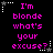 Pixelated text reads "I'm blonde what's your excuse?" in bright pink on black, surrounded by white and gray star-shaped borders.