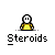 Pixelated character in yellow shirt with changing poses and muscular build, labeled 'Steroids' below each frame.