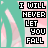 Pixelated text "I WILL NEVER LET YOU FALL" on a split background with teal and pink stripes, animated color shifts across letters.