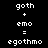 Static pixel art displays two identical equations on black background with white text: 'goth + emo = egothmo' repeated twice.