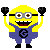 Four pixelated yellow characters with blue overalls and black gloves, each in a distinct pose against gray background.