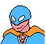 Pixelated character with blue helmet and orange cape in four sequential expressions from frown to smile.