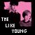 Pixelated pink and purple abstract shape with white text reading THE LIKE YOUNG on black background.