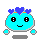 Pixelated blue character with purple heart-shaped hair, black eyes, and a smiling mouth, shown in four variations with different expressions and floating cyan orbs.