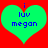 Two identical green hearts on red background with blue text reading 'i luv megon' inside each heart.