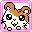 Pixel art hamster with brown and white fur, pink inner ears, black eyes, and a small pink nose in six distinct expressions within a pink border.