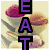 A static buddy icon with four distinct sections: a vertical 'EAT' text over food, 'SLEEP' in blue letters above a checkered pattern, and 'PLAY Volleyball' inside a pink heart shape.