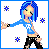 Pixel art of a blue-haired figure in a blue crop top and black pants with white accents, standing against a white background with small star-like symbols.