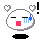 Pixelated white circular character with closed eyes, red mouth, blue tears, and gray outline; four identical show alternating yellow lightning bolt and black shape near the character