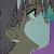 Pixelated static image of a light blue rounded shape with a dark outline against a multicolored background of gray, brown, and purple tones.