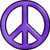 Two purple peace symbols stacked vertically on a white background, with 'PEACE' text in purple block letters on the right side.