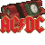 Animated contact sheet of a 5x5 grid showing multiple frames from an AC/DC-themed buddy icon with repeated text and dynamite imagery.