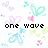 Pixelated text reads 'one wave' and 'lauging for hours' over pastel butterflies, with a gray rectangle on the right.