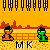 Pixelated animation of two figures fighting on a cityscape background with 'MK' text and red splatters.