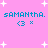Pixelated pink background with white starbursts, blue text "samantha. samantha." repeated twice in two , each followed by a blue arrow and an 'x' symbol