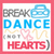 Pixelated icon with pink border containing text "BREAK DANCE HEARTS" and symbols including a blue boombox, yellow squiggles, gray footprints, and a pink heart.