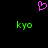 A static pixel art image with a black background, featuring a pink heart symbol above two green 'kyo' text elements.