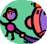 Animated contact sheet showing five sequential frames of a cartoon character interacting with another figure against a teal background.