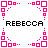 Pixel art animation of pink and black square patterns forming a diamond shape with 'REBECCA' text below, changing across frames.