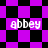 Pixelated purple and black checkered pattern with four instances of the word 'abbey' in white text, arranged in a