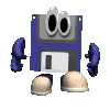 Animated floppy disk character with blue arms, beige feet, and changing facial expressions