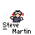 Pixelated character with black hair, red flower accessories, and a multicolored checkered shirt; text below reads "Steve Martin" in white pixel font.