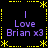 Static pixel art with four identical purple text blocks reading "Love Brian x3" on a black background, framed by yellow dashed lines and asterisks.