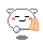 A 4-frame pixel art animation of a white cartoon cat-like character with pink cheeks, black eyes, and an orange 'A' prop, showing subtle facial expression changes across frames against a gray background.