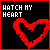 A 4x4 contact sheet of pixel art frames showing a red heart animation with text changes on black backgrounds, transitioning from 'WATCH MY HEART' to 'FADE AWAY' and finally 'ERASED FROM TOO MANY BROKEN PROMISES'.