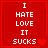 Red square icon with white text reading "I HATE LOVE IT SUCKS" and a red heart symbol, displayed in four identical