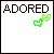 Static pixel art icon featuring bold black text "ADORED" at the top and two green heart shapes on a white background with dark border.