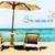 Beach scene with umbrella, lounge chair, ocean waves, and a drink with lemon slices.