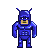 Pixel art character in blue full-body suit with two antennae-like protrusions on head, standing against solid gray background.
