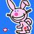 Pixelated pink rabbit with long ears and dark outlines against a blue background, featuring small red accents on its body.