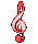 A vertical sequence of red and pink musical treble clefs with varying line styles on a gray background.