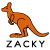 Pixelated orange kangaroo stands upright with folded arms, below which black and gray text reads ZACKY on white background.