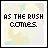 Pixelated text reads "AS THE RUSH COMES." over a pastel abstract background with light yellow, mint green, and beige tones.