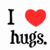 Pixelated icon with 'I ❤️ hugs.' text, two penguin figures, and red text on blue background.